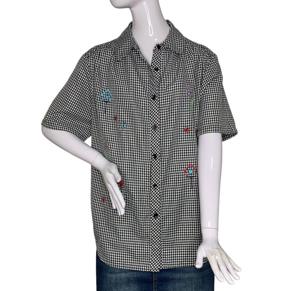 Bon Worth Collared Button Down Blouse Gingham Black White Short Sleeve Size M